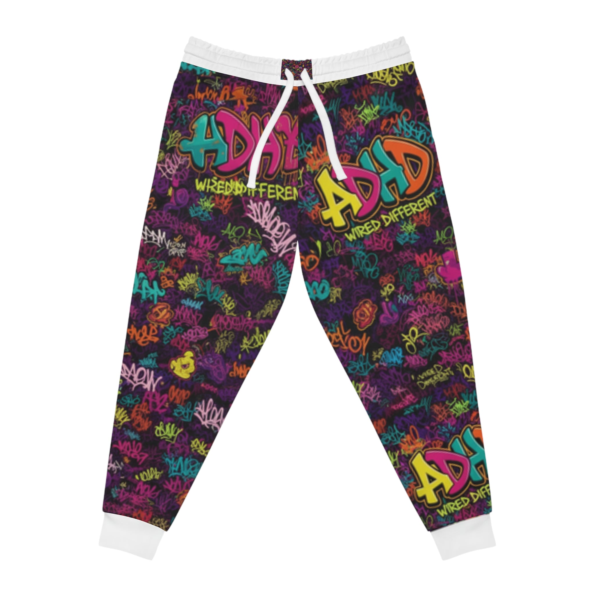 ADHD Graffiti Joggers — Colorful 'Wired Different' All-Over Print Athletic Pants