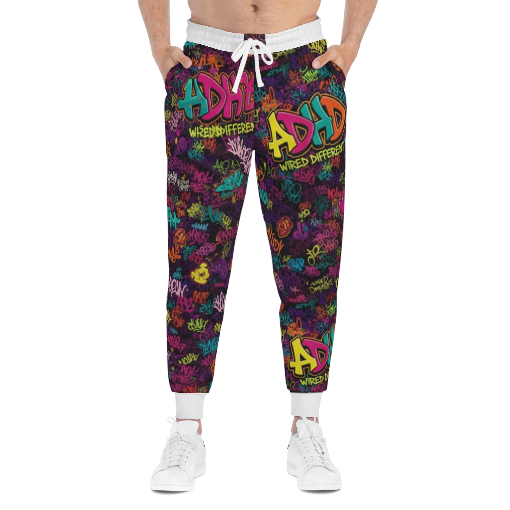 ADHD Graffiti Joggers — Colorful 'Wired Different' All-Over Print Athletic Pants