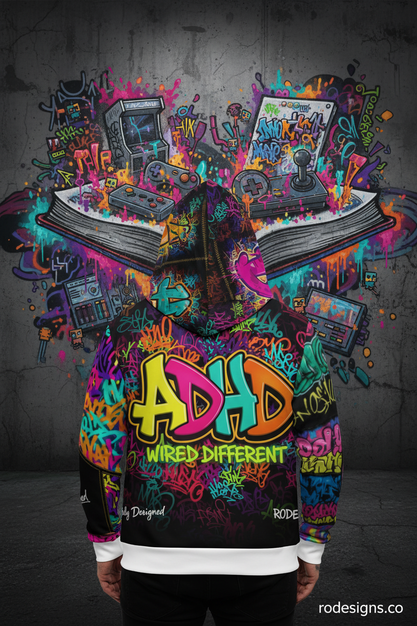 ADHD Hoodie Back - Game & Book Graffiti Background