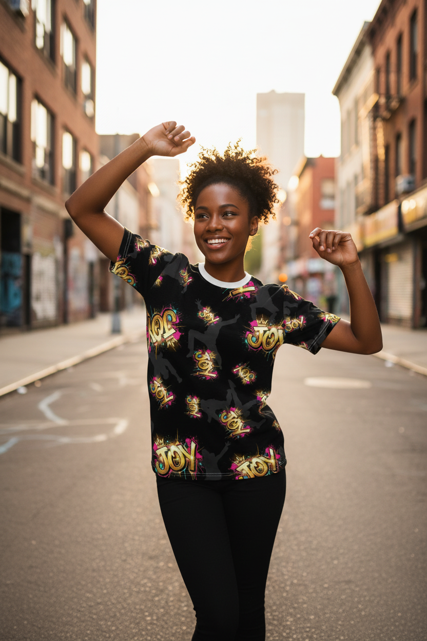 Joy Graffiti All-Over Print Tee — Dance-Inspired Streetwear
